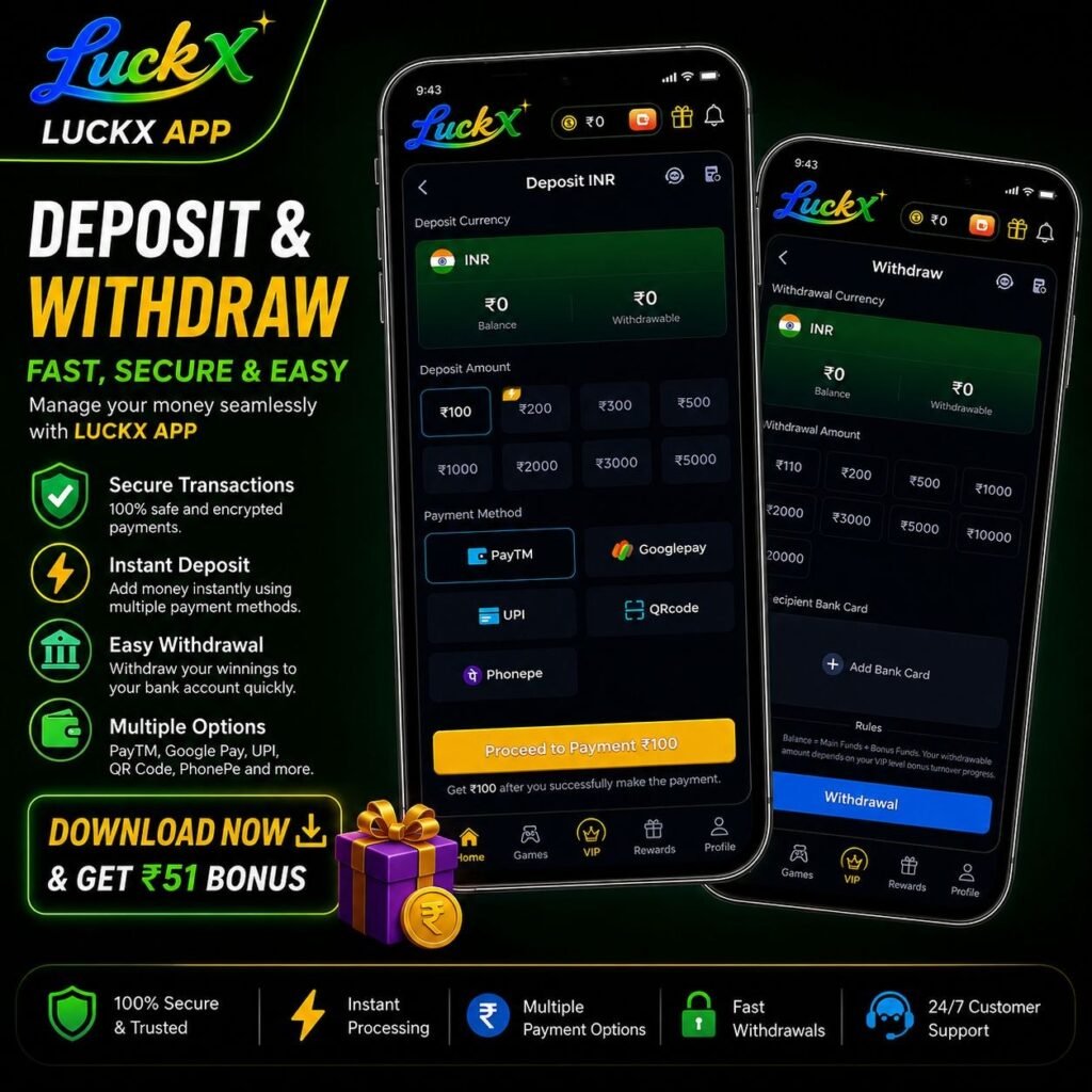 LUCKX Game deposit and withdrawal screen showing UPI, Paytm, Google Pay, and secure payment options.