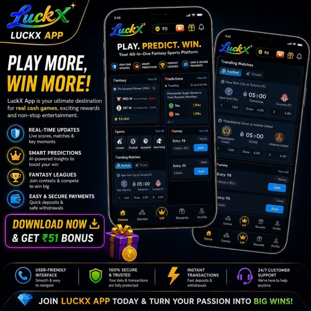 LUCKX Apk home screen featuring fantasy sports, cricket predictions, live matches, and rewards dashboard.
