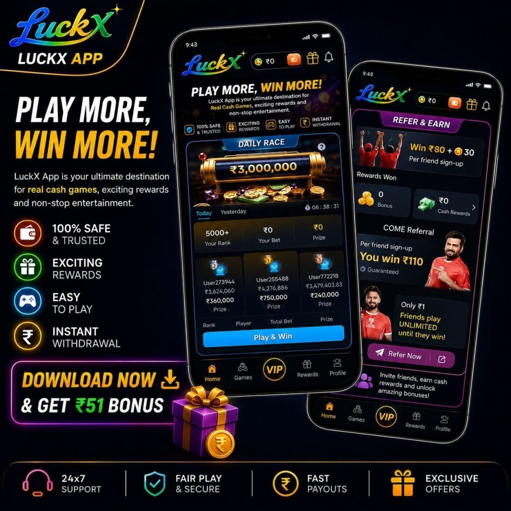 LUCKX Game App displaying fantasy sports, live match updates, predictions, rewards, and secure payment features.
