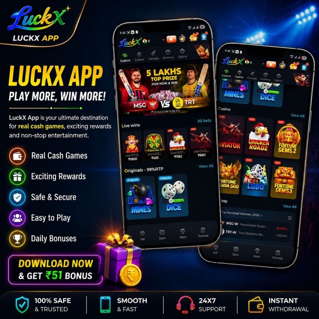 LUCKX Game Download page showcasing fantasy sports, live matches, rewards, and secure mobile gaming features.